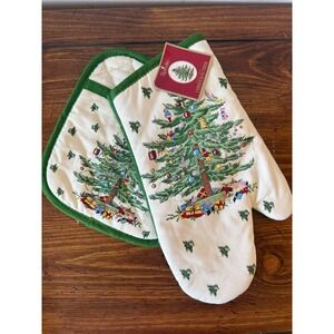 Spode Christmas Tree Oven Mitt and Pot Holder Set Ivory Green Avanti Linens NEW